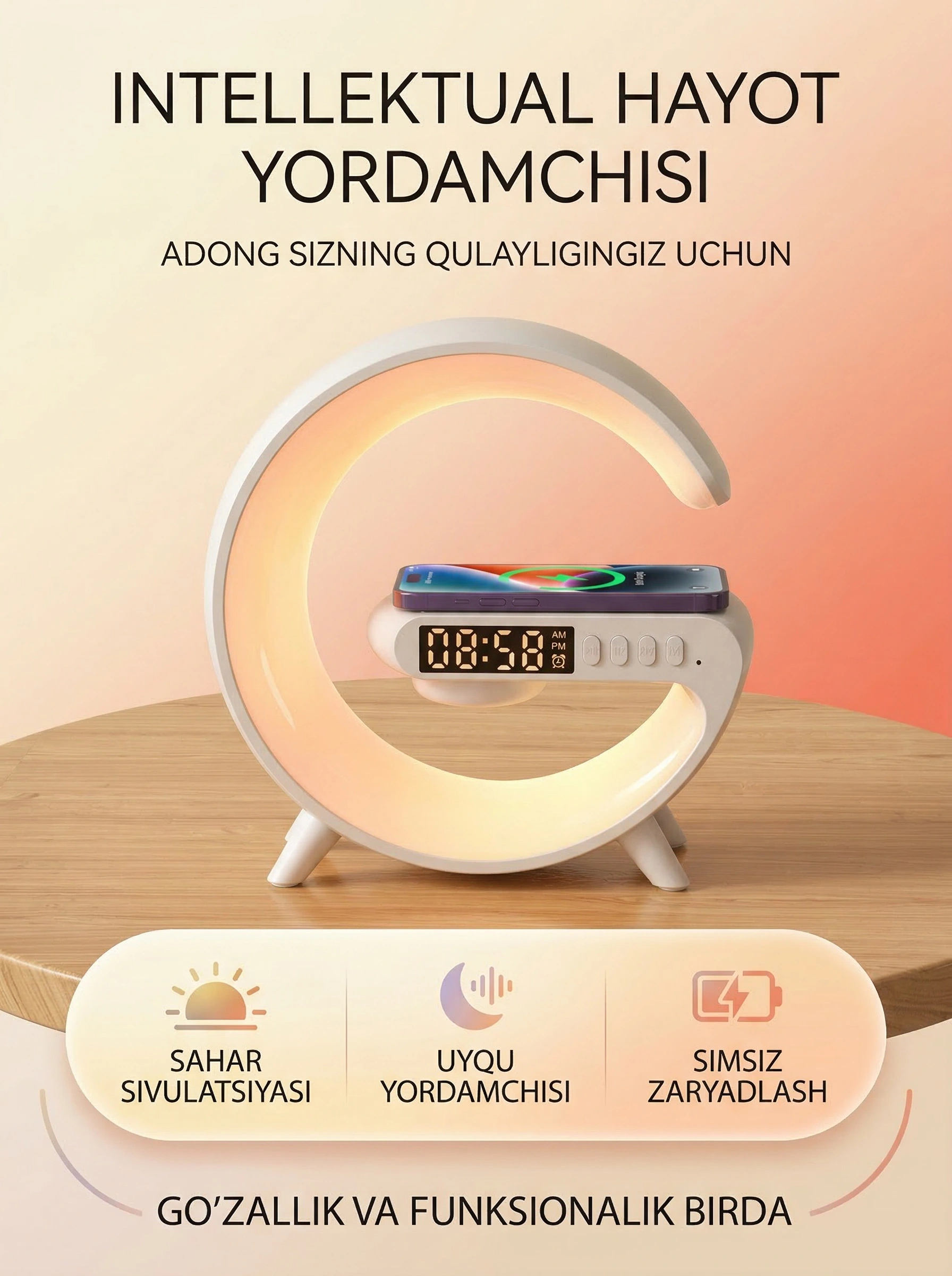RGB smart kolonka, aqilli budilnik, LED tungi chiroq, telefon uchun simsiz quvvatlash – 3
