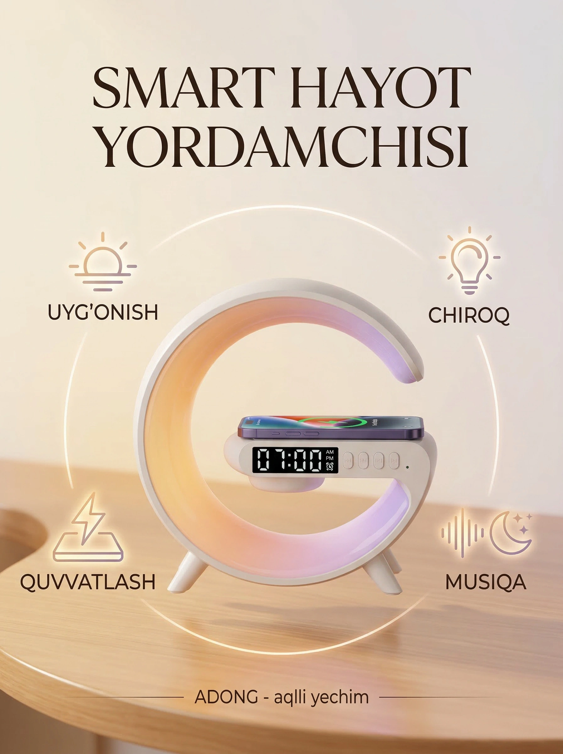 RGB smart kolonka, aqilli budilnik, LED tungi chiroq, telefon uchun simsiz quvvatlash – 2
