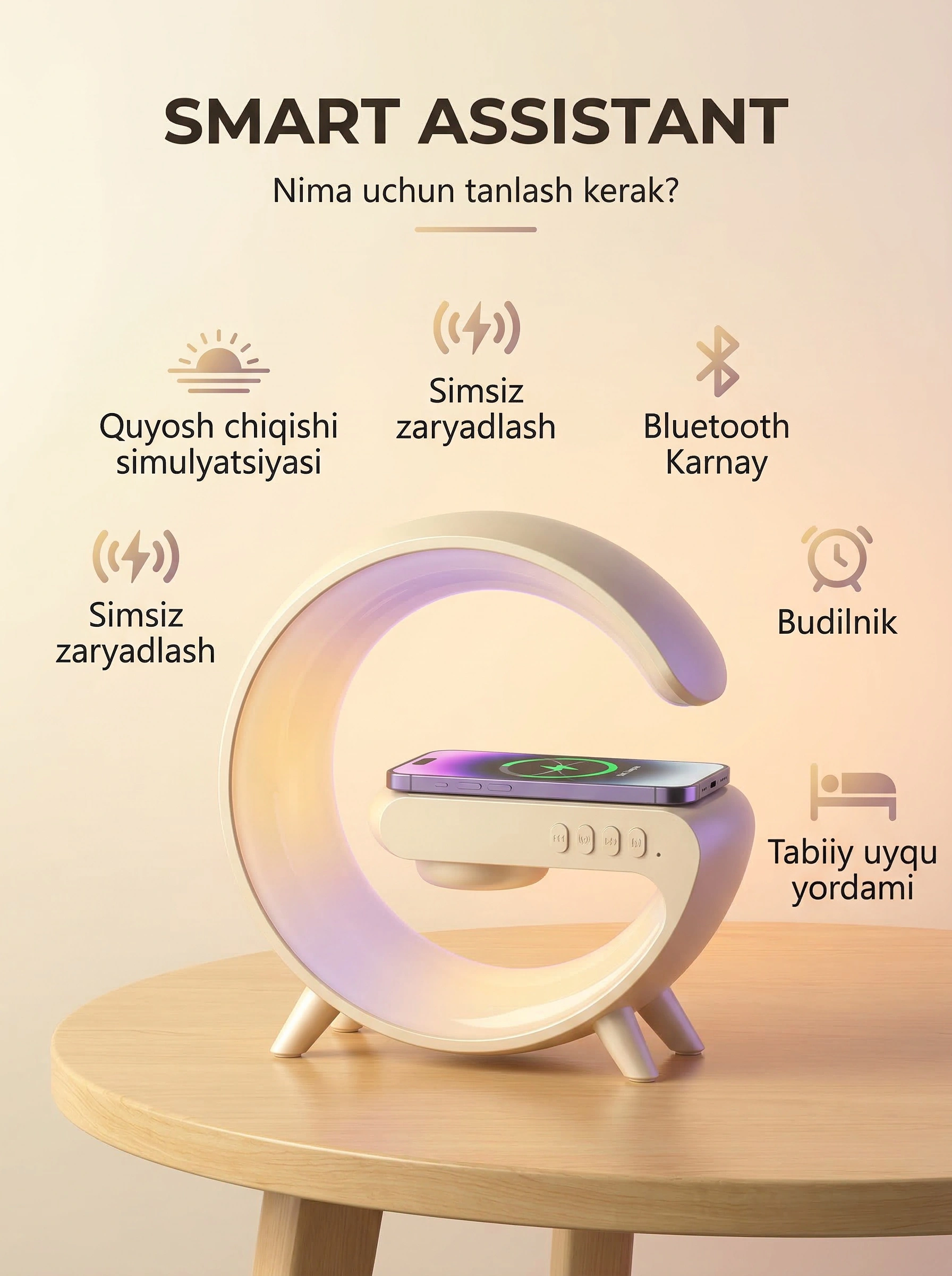 RGB smart kolonka, aqilli budilnik, LED tungi chiroq, telefon uchun simsiz quvvatlash
